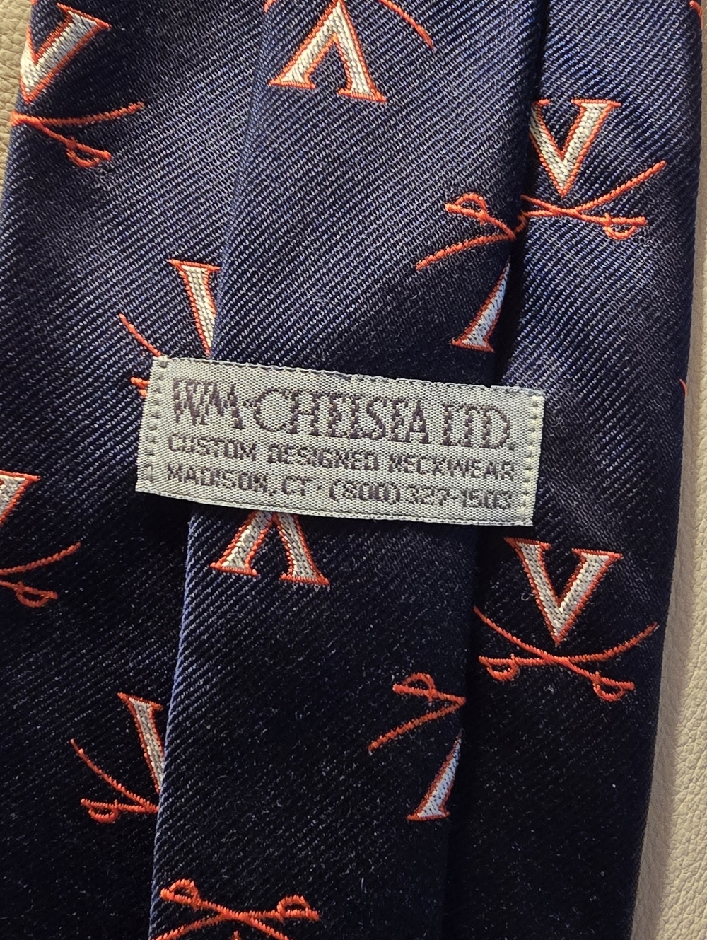 Wm Chelsea Ltd University of Virginia UVA V-Sabre Blue Men's Silk Necktie Tie - Picture 2 of 5